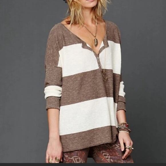 Free People beach gold rush Henley striped brown tunic  linen top medium - Picture 10 of 10